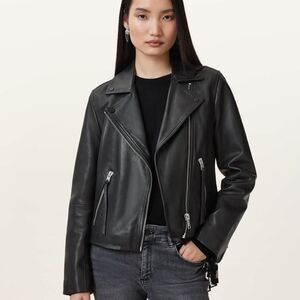 AllSaints Dalby Slim Fit Black Leather Moto Jacket, Sz 10